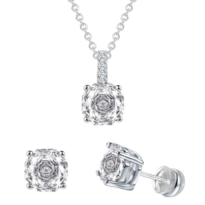 Rose Cut Silver Solitaire Necklace and Earring Set for Women, Jewelry Gift | Rose Cut, Cubic Zirconia, Necklace and Stud Earrings Set, Jewelry Set, Minimalist - color: Clear CZ Diamond