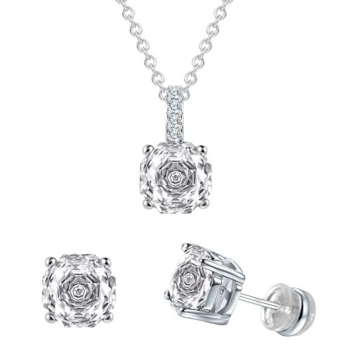 Rose Cut Silver Solitaire Necklace and Earring Set for Women, Jewelry Gift | Rose Cut, Cubic Zirconia, Necklace and Stud Earrings Set, Jewelry Set, Minimalist - color: Clear CZ Diamond
