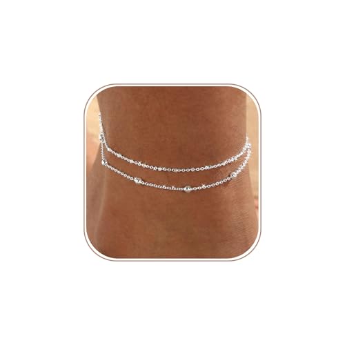 Gold Anklets for Women -14K Gold Plated 2-Strand Layered Ankle Bracelet Waterproof Tarnish Resistant Hypoallergenic Adjustable 8"+2.5" Minimalist Beach Jewelry Gift - style: Stack Anklet 01-SL