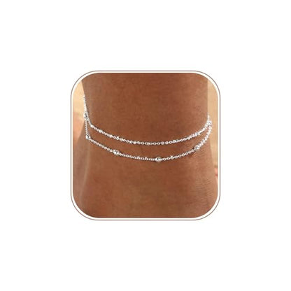 Gold Anklets for Women -14K Gold Plated 2-Strand Layered Ankle Bracelet Waterproof Tarnish Resistant Hypoallergenic Adjustable 8"+2.5" Minimalist Beach Jewelry Gift - style: Stack Anklet 01-SL