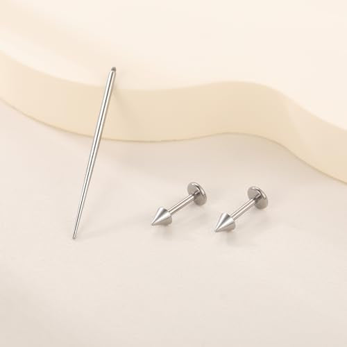 Xpircn ASTM F136 Titanium Flat Back Stud Earrings Internally Threaded Labret Monroe Lip Nose Studs Tragus Helix Conch Cartilage Piercing Jewelry for Women - color: 18G 6MM Bar,3MM Spike,Silver