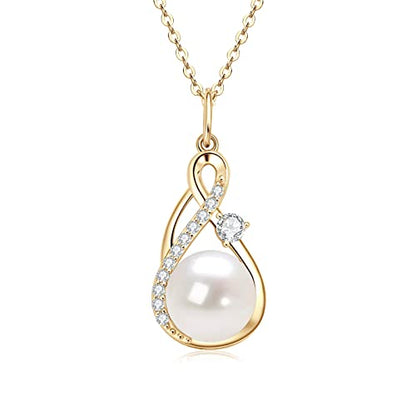Freshwater Pearl Necklace for Women | 14K Gold Plated Infinity Pendant Fine Jewelry | Dainty Everyday Layering Chain with Lobster Clasp - color: Gold Moissanite