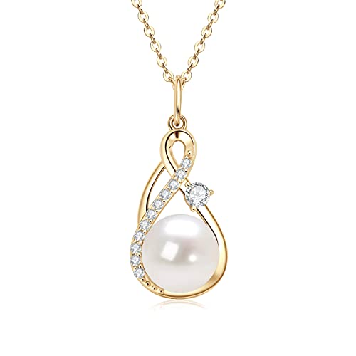 Freshwater Pearl Necklace for Women | 14K Gold Plated Infinity Pendant Fine Jewelry | Dainty Everyday Layering Chain with Lobster Clasp - color: Gold Moissanite