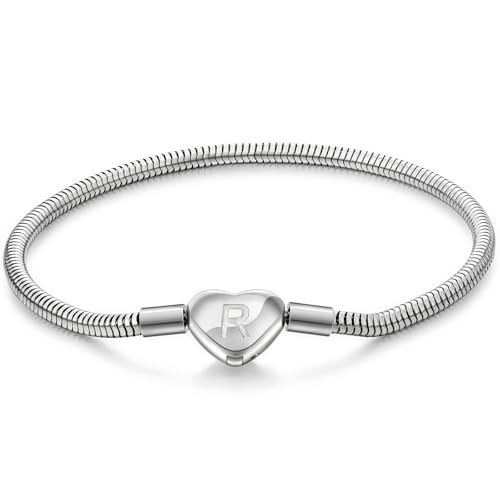 Initial Bracelet Heart Clasp Stainless Steel Snake Chain Alphabet Letter Charm Gift for Women Mom Girlfriend Wife - style: R