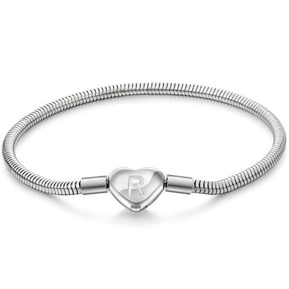 Initial Bracelet Heart Clasp Stainless Steel Snake Chain Alphabet Letter Charm Gift for Women Mom Girlfriend Wife - style: R