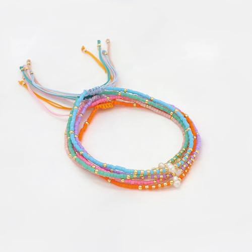 Boho Colorful Glass Gold Plated Seed Beaded Bracelets or Women, Handmade Romantic Freshwater Pearl Adjustable String Braided Rope Jewelry, Summer Beach Daily Party Friendship Gift - color: Orange