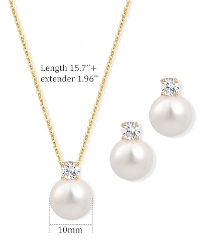 14K Gold Plated Pearl Jewelry Set for Women | Pearl Pendant Necklace and Studs Earrings for Wedding, Bridal, Bridesmaid