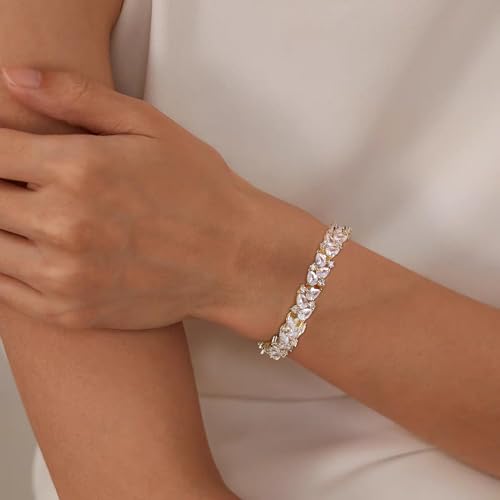 Crysdue Marquise Teardrop Cubic Zirconia Wedding Bridal & Prom Tennis Bracelets for Brides Bridesmaids, Silver/Gold/Rose Gold Plated Bracelet Gifts for Women - style: A_Gold Tone 7.5"