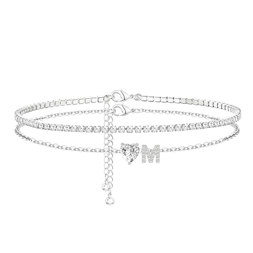 Heart Initial Silver Anklets for Women Waterproof Dainty Silver Plated ankle bracelets for women Large Ankle Women's Anklets Tennis ankle bracelets Non Tarnish Summer Beach Foot Jewelry - style: Silver-M