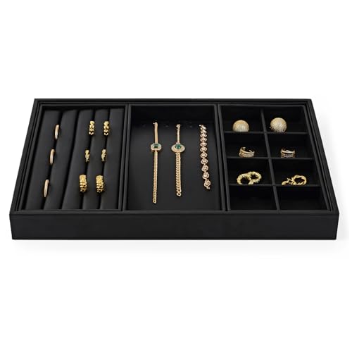 Oirlv Leather Multi-Function Jewelry Tray Black | Versatile Compartments for Rings/Earrings/Bracelets, Stackable Design - style: P01708