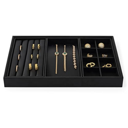 Oirlv Leather Multi-Function Jewelry Tray Black | Versatile Compartments for Rings/Earrings/Bracelets, Stackable Design - style: P01708