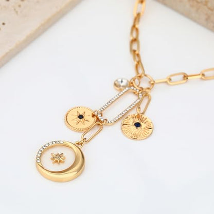 Charm Necklace for Women Gold Evil Eye Sun Moon Flower Coin Pendant Necklace Dainty Paperclip Chain Vintage Luck Amulet Choker Necklaces Celestial Jewelry Gift - style: Shell Coin, Moon