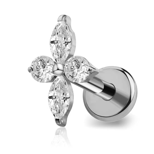 FINE4U 1PC ASTM F136 Titanium 16G Flatback Stud for Tragus, Helix, Conch 6mm 8mm - Screw on Cartilage Earring Piercing Jewelry - color: Four-Pointed Star C - Tit