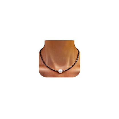 Single Pearl Choker Pendant Necklaces for Women, Natural Gemstone Womens Black Stone Beaded Choker Necklace, Dainty Round Freshwater Pearl Handmade Jewelry Gift Women Birthday Bridesmaids Anniversary 16 18 inch - color: 01-black/white, size: 16"