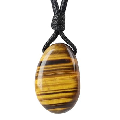 Natural Gemstone Pendant Necklace Healing Crystal Stone Choker Necklace Adjustable Waxed Black Rope for Men - color: Tiger's Eye