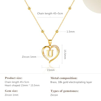 Cicy Bell Womens Heart Initial Necklace 18k Gold Plated | Personalized Letter Pendant, 17.7'' with 2'' Extender - color: Style 2-U-Gold