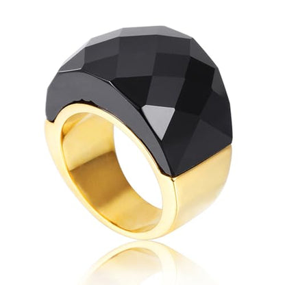 Crystal Glass Stainless Steel Band Ring Gold-Tone Plated Fashion Exaggerated Cubic Zirconia Rings Women's Stunning Large Statement Rhinestone Bands Cocktail Party Ring for Ladies Birthday - color: Black, size: 9