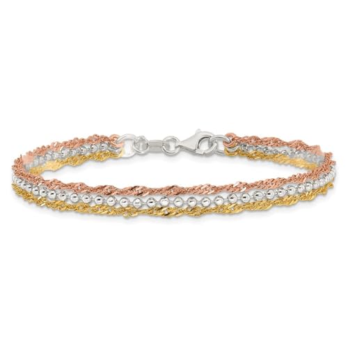 Sterling Silver Gold-tone and Rose Tone 3 Strand Bracelet 7.5"