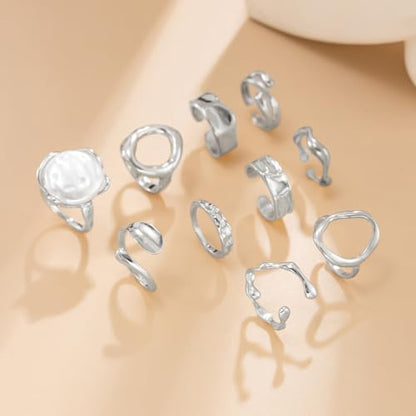 Chunky Gold Rings for Women Gold Baroque Pearl Rings Open Adjustable Pearl Ring Stacking Knuckles Rings Set Boho Prom Costume Fashion Jewelry for Women 2026 - style: Style8