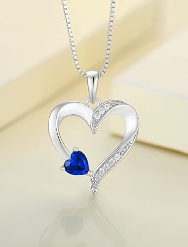 YL Heart Necklace 925 Sterling Silver Love Heart Pendant Birthstone Jewelry for Women - color: 09-sapphire-Sept