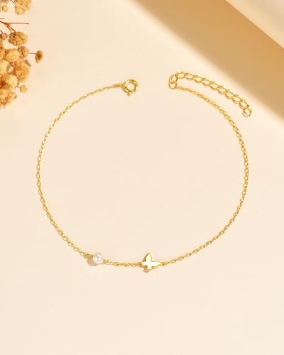 925 Sterling Silver Pearl Butterfly Ankle Bracelets for Women | Dainty Waterproof 14K Gold Plated Adjustable Anklets Hypoallergenic Summer Beach Body Chain Jewelry Gifts for Mother Daughter