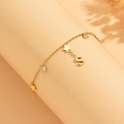 Initial Anklet for Women, 18K Gold Plated Waterproof Ankle Bracelet, Star CZ Letter A-Z Personalized Beach Foot Jewelry - color: S
