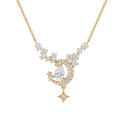 WEARON Gold Necklace for Women Gold Star Necklace 14K Gold Plated CZ Necklace Dainty Choker Charm Necklaces Hypoallergenic Trendy Jewelry for Women Gift - color: Moon Star Y