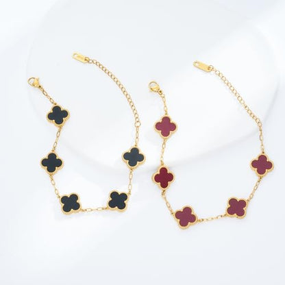Waterproof Four-Leaf Clover Bracelet,Adjustable Link Double Sided Jewelry, Lovely Fashion Jewelry Gift for Women - color: Black Bracelet + Red Bracelet