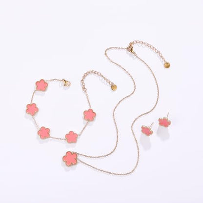 Clover Neckalce Earring Set for Women 14K Gold Plated Stainless Steel Four Leaf Clover Jewelry Set - color: Pink