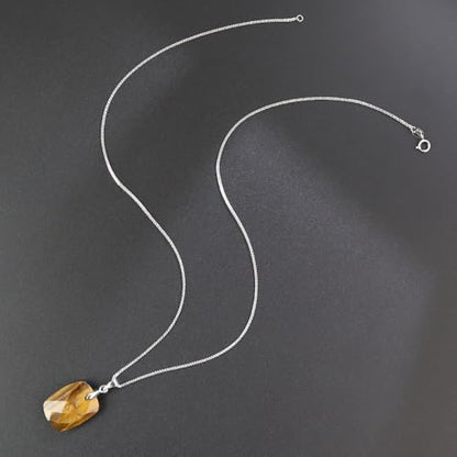 iSTONE 925 Sterling Silver Natural Crytral for Womens Pendant Necklace, Gemstone Birthstone with 17.8" Silver Chain Ladies - color: Rectangle - Tiger's Eye