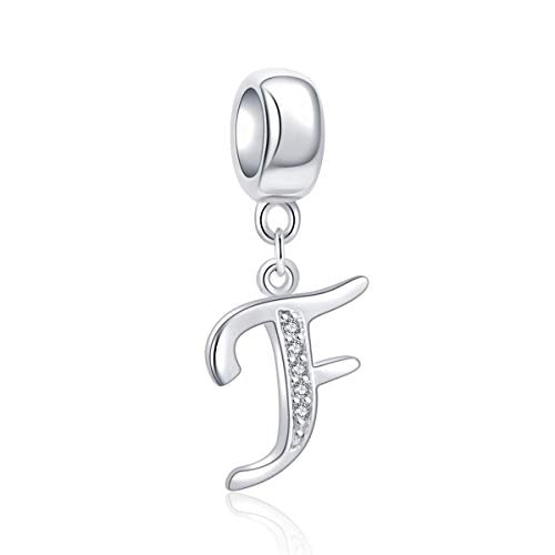 925 Sterling Silver Charms Alphabet Beads fit Pandora Charm Bracelets A-Z Letter Initial Spacer Dangle Clear CZ Stone Authentic for Snake Chain Bracelets - color: F
