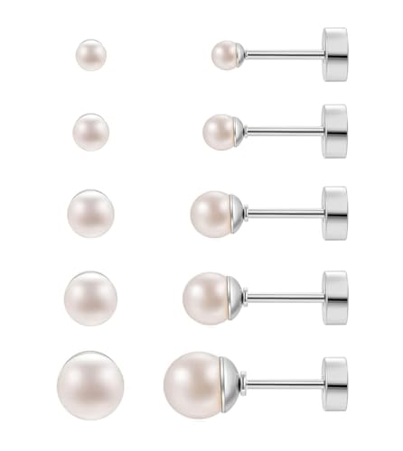 20G Hypoallergenic Surgical Steel Square Pearl Ball CZ Flat Back Stud Earrings for Sensitive Ear, Lightweight Shiny Earrings Studs for Helix Tragus Cartilage Multiple Piercing - color: Silver-F