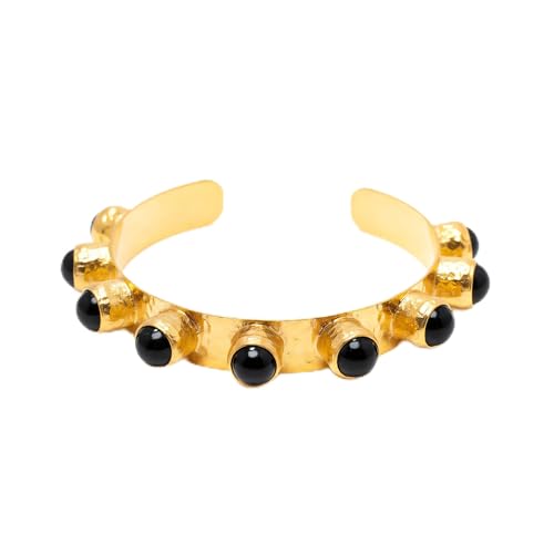 Luxury Gold Plated Cuff Bracelet for Women, Bohemian Style with Black Onyx Stones, Adjustable Statement Bangle for Women, Hammered Finish