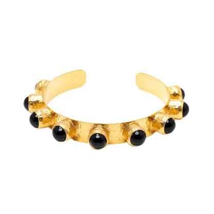 Luxury Gold Plated Cuff Bracelet for Women, Bohemian Style with Black Onyx Stones, Adjustable Statement Bangle for Women, Hammered Finish