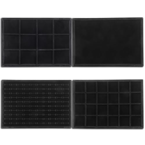 4 Pack Jewelry Tray, Stackable Velvet Jewelry Organizer Tray Jewelry-Tray Stackable Jewelry-Trays 3.8"x9.5"x1.2" Divided Ring Organizer-Tray for Necklace Earring Ring Watch Bracelet,Black