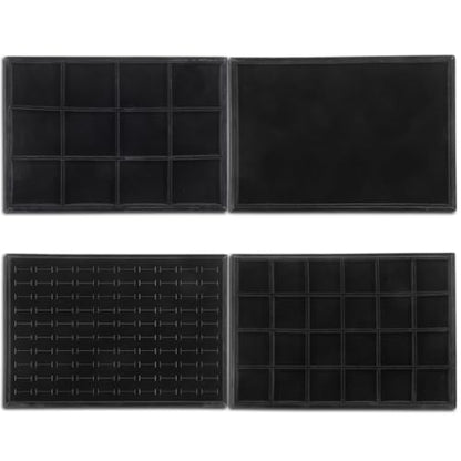4 Pack Jewelry Tray, Stackable Velvet Jewelry Organizer Tray Jewelry-Tray Stackable Jewelry-Trays 3.8"x9.5"x1.2" Divided Ring Organizer-Tray for Necklace Earring Ring Watch Bracelet,Black