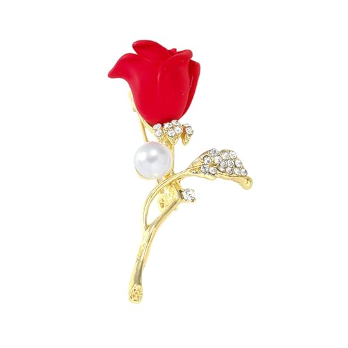 Rose Flower Brooch Pin for Women Fashion Dainty Gold Plated 3D Red Roses Floral Crystal Brooch Pin Birthday Dress Suit Accessories Jewelry - style: Rose Pearl 2