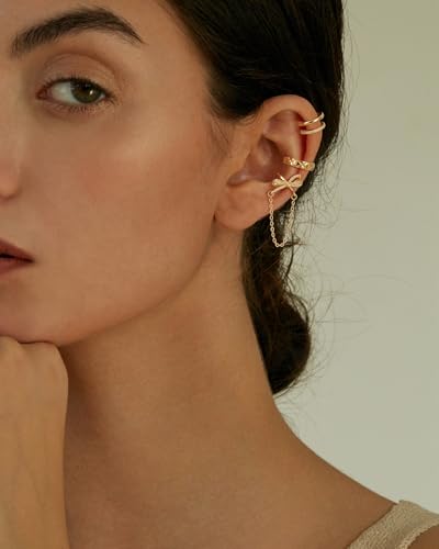 14K Gold Plated Ear Cuff Earrings for Women, Dainty Ear Cuffs Non Piercing Clip on Earrings Trendy Non pierced Cubic Zirconia Fake Hoop Earring Jewelry Sets for Women - color: Gold-3