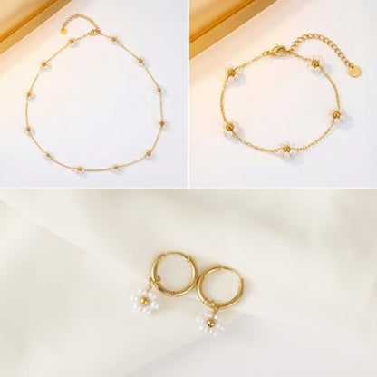 Daisy Pearl Jewelry Set for Women, 14K Gold Plated Stainless Steel Necklace Bracelet Earring 3 Piece Set, Dainty Pearl Choker Flower Necklace Birthday Gift for Her - color: Gold Pearl White