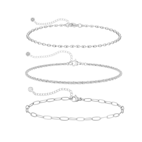 MFRYK Gold Ankle Bracelets for women,14k Gold/Silver Plated Waterproof Layered lightweight Cuban Link Figaro Chain Heart anklet butterfly anklet Pearl Ankle Bracelets Set Gold Anklets for women Trendy Jewelry Gift for Women - style: 3 anklets twisted pape
