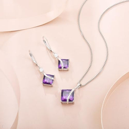 Square Princess Cut Necklace 925 Sterling Silver Solitaire Pendant Necklace Birthstone Jewelry Gifts for Women - color: 02 February - Amethyst