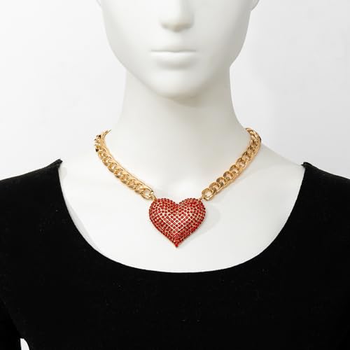 Gold Cuban Link Chain Necklace with Red Crystal Heart Pendant, Statement Chunky Curb Link Chain，Fashion Jewelry for Women - color: Red