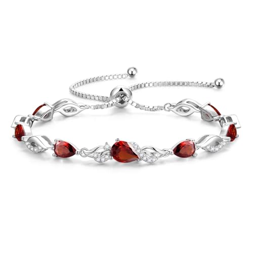 FANCIME Birthstone Teardrop Tennis Bracelet for Women, Sterling Silver 9x7mm main Gemstone Bolo Adjustable Chain Bracelet Fine Jewelry Birthday Gifts for Women Mom Wife Her - color: 01-Garnet