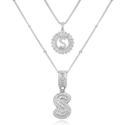 14K Gold Plated Alphabet Necklace Cubic Zirconia Letter Pendant, Personalized Name Jewelry Gift for Women, Customizable A-Z, Birthday/Mothers Day Gifts for Womens - color: White Gold, style: Style-S
