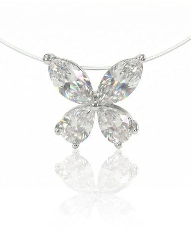 Teardrop 925 Silver CZ Floating Pendant Necklace 16 Inch Cubic Zirconia Invisible Necklace, Hypoallergenic, Jewelry Gifts for Women Anniversary Birthday - color: Butterfly