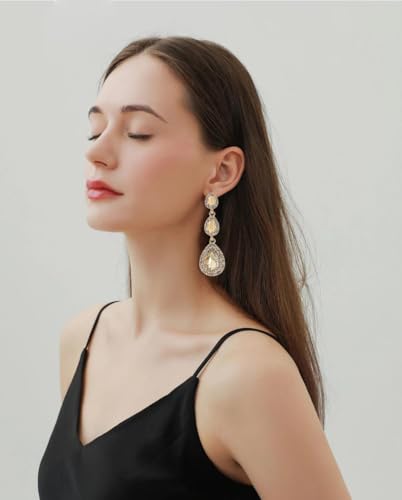 Elegant Rhinestone Statement Earrings Sparkly Cluster Crystal Drop Dangle Earrings Teardrop Chandelier Earrings Wedding Bridal Prom Earrings for Women - color: A:Champagne