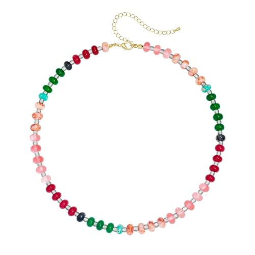 Colorful Beaded Choker Necklaces for Women | Large Natural Stone Bead, Boho Beach Necklace, Trendy Jewelry Gifts, 4 Style, 16+3 in - color: 02-Colorful-Red