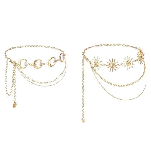 2Pcs Layered Waist Chains Boho Belt for Women Gold Multilayer Metal Adjustable Fashion Accessories Dress Hip Chain Belt Adjustable Body Belly Chain with Moon Star Sun