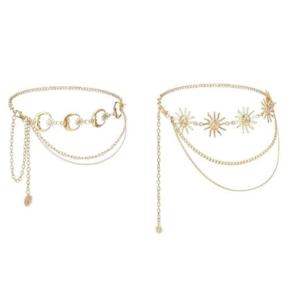 2Pcs Layered Waist Chains Boho Belt for Women Gold Multilayer Metal Adjustable Fashion Accessories Dress Hip Chain Belt Adjustable Body Belly Chain with Moon Star Sun