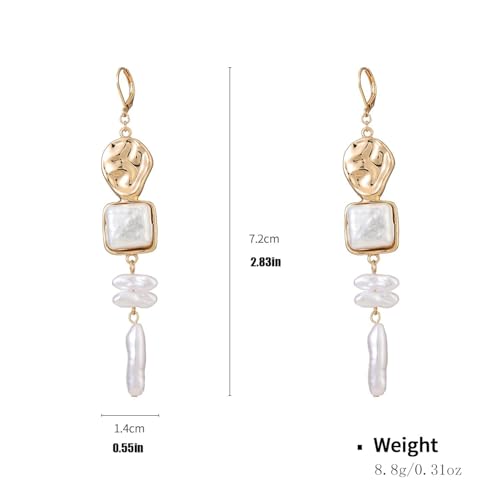 Statement Pearl Dangle Earrings,Gold and Large Pearl,Luxury Chandelier Organic Style Earrings - color: K gold and white